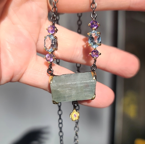 Aquamarine RAW 14k Amethyst &Topaz Sterling rhodium & gold necklace 18" - Picture 8 of 10